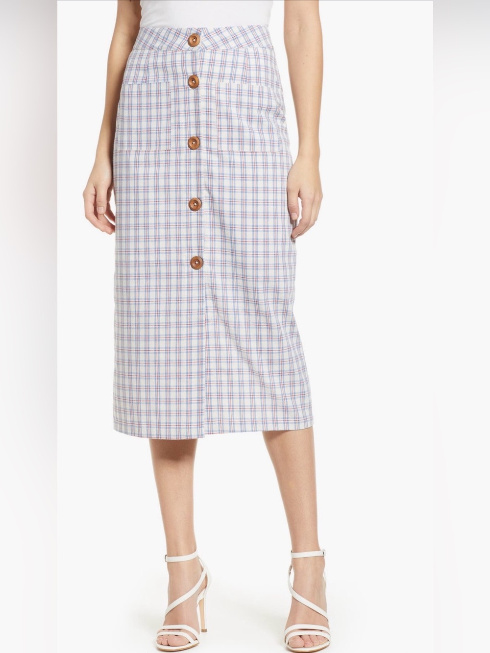 English Factory Plaid Button-Down Midi Skirt